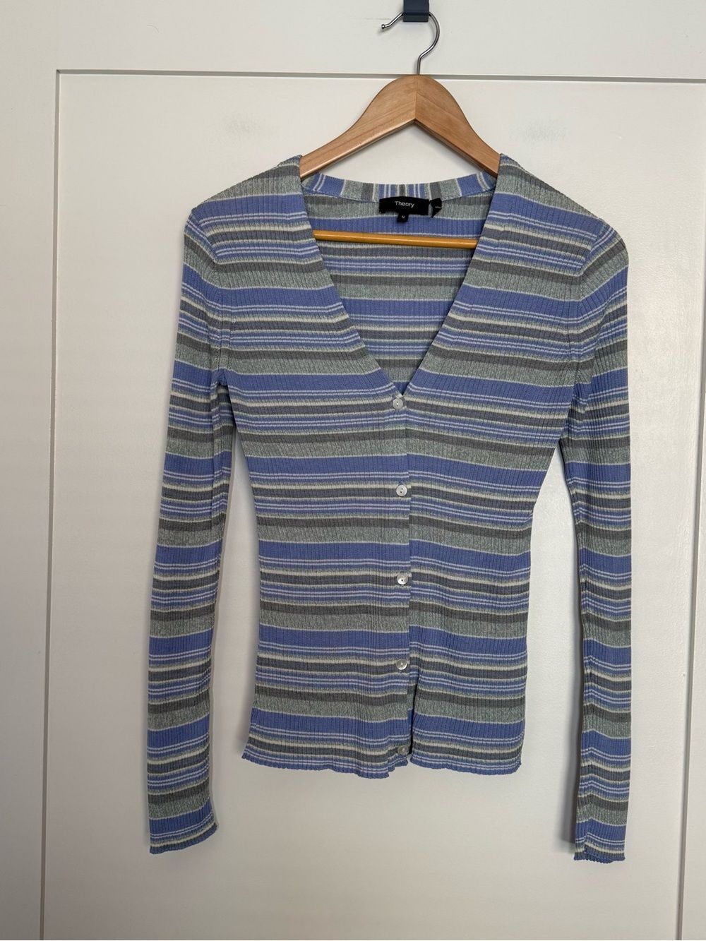 Theory Cardigan Womens Sz M Blue Striped Ribbed 100% Silk Long Sleeve Office